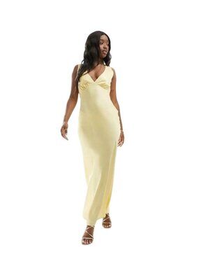 Abercrombie & Fitch XL Butter Yellow Plunge Cowl Back Maxi Dress Silky Sexy New